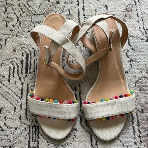 J. Crew Lottie Strappy Colorful Pom Pom Sandals with Block Heel - Ivory Size 9